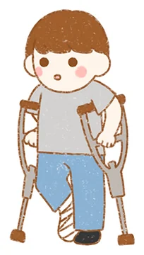 両方の松葉杖と装具をつける男の子のイラスト
