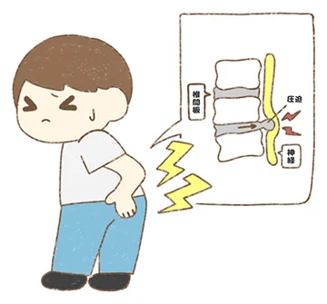腰を痛がる男の子と背骨の図のイラスト